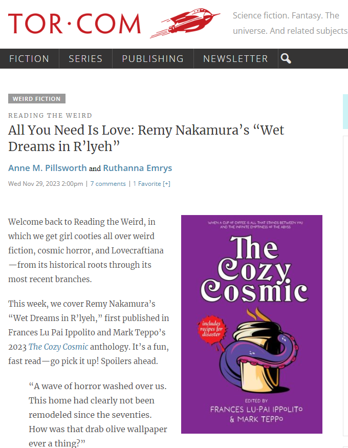 Screenshot of Cozy Cosmic on Tor.com's Reading the Weird Series, with headline: All You Need Is Love: Remy Nakamura’s “Wet Dreams in R’lyeh”